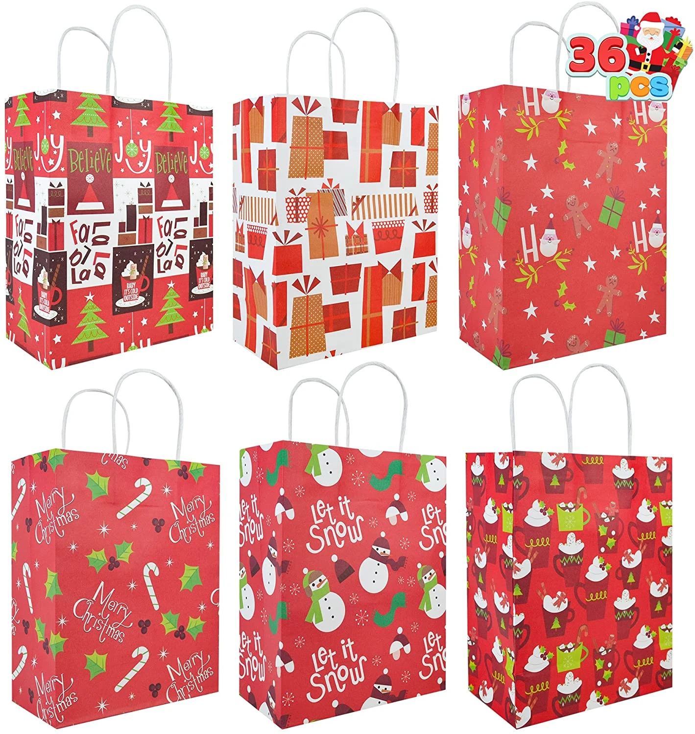 Christmas Red Themed Kraft Paper Gift Bags, 36 Pcs 6 Christmas Red Themed Kraft Paper Gift Bags, 36 Pcs - Image 4