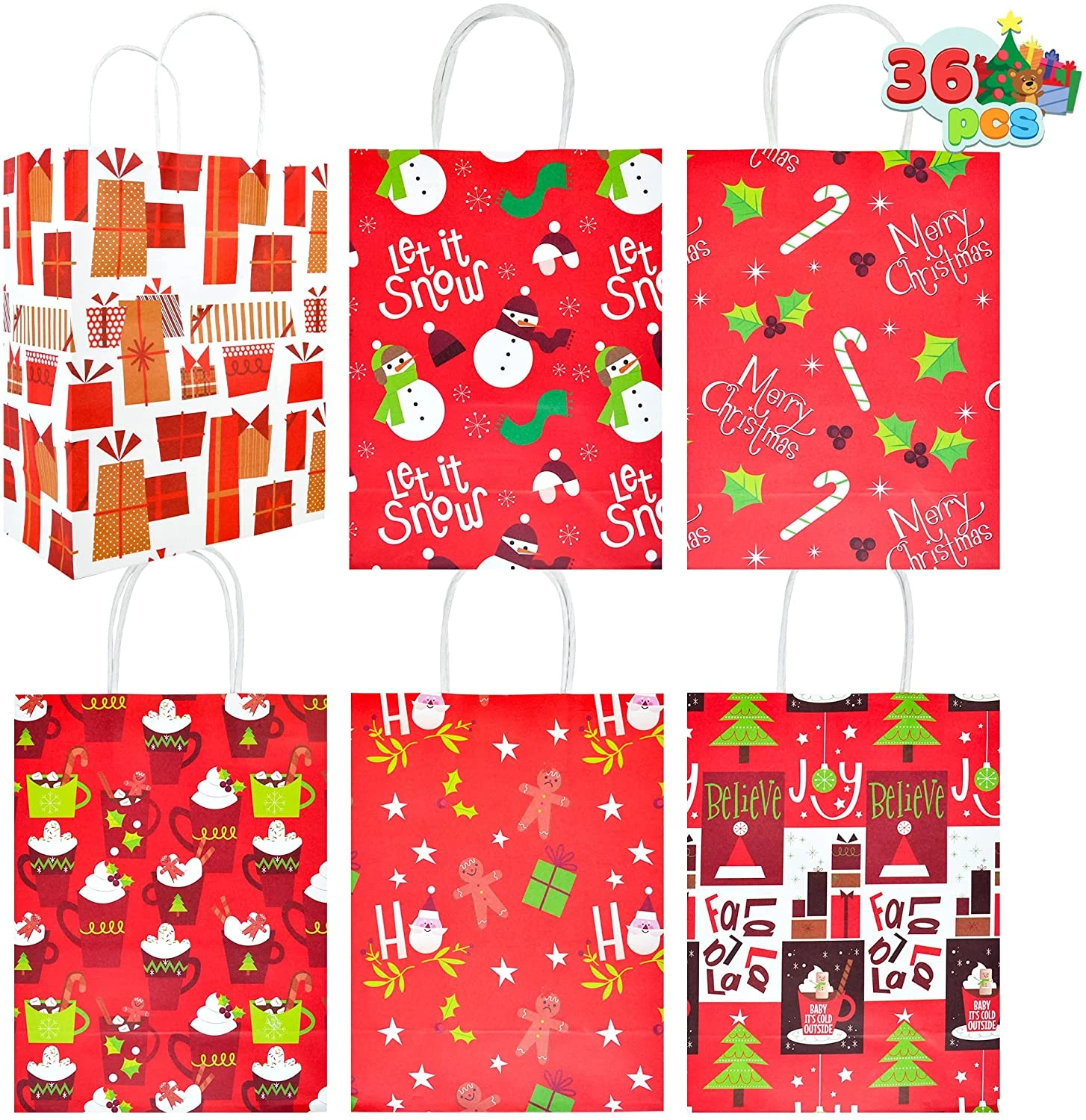 Christmas Red Themed Kraft Paper Gift Bags, 36 Pcs 5 Christmas Red Themed Kraft Paper Gift Bags, 36 Pcs - Image 3