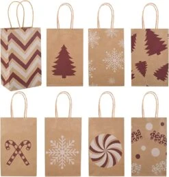 Small Christmas White & Red Themed Bag With Drawstring 8 Designs, 32 Pcs