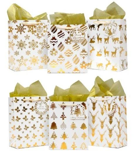 Christmas Holiday Foil Gold Gift Bags With Tissue Papers And Name Card Tags, 12 Pack 3 Christmas Holiday Foil Gold Gift Bags With Tissue Papers And Name Card Tags, 12 Pack
