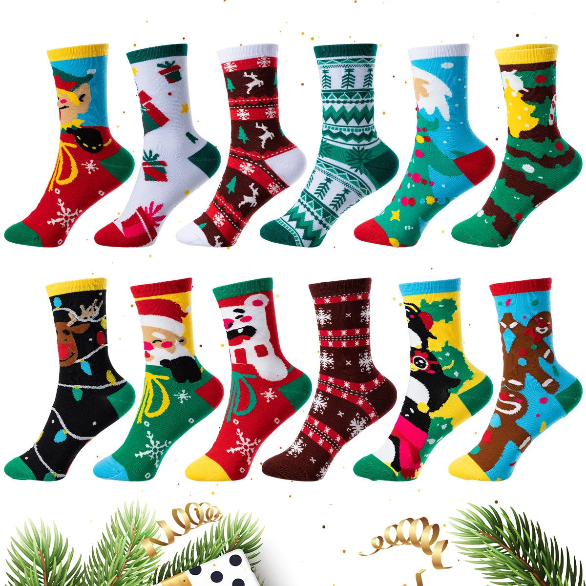 Christmas Cotton Socks, 12 Pairs 3 Christmas Cotton Socks, 12 Pairs