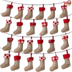 Advent Calendar Linen Christmas Stockings Socks Garland, 24 Pcs
