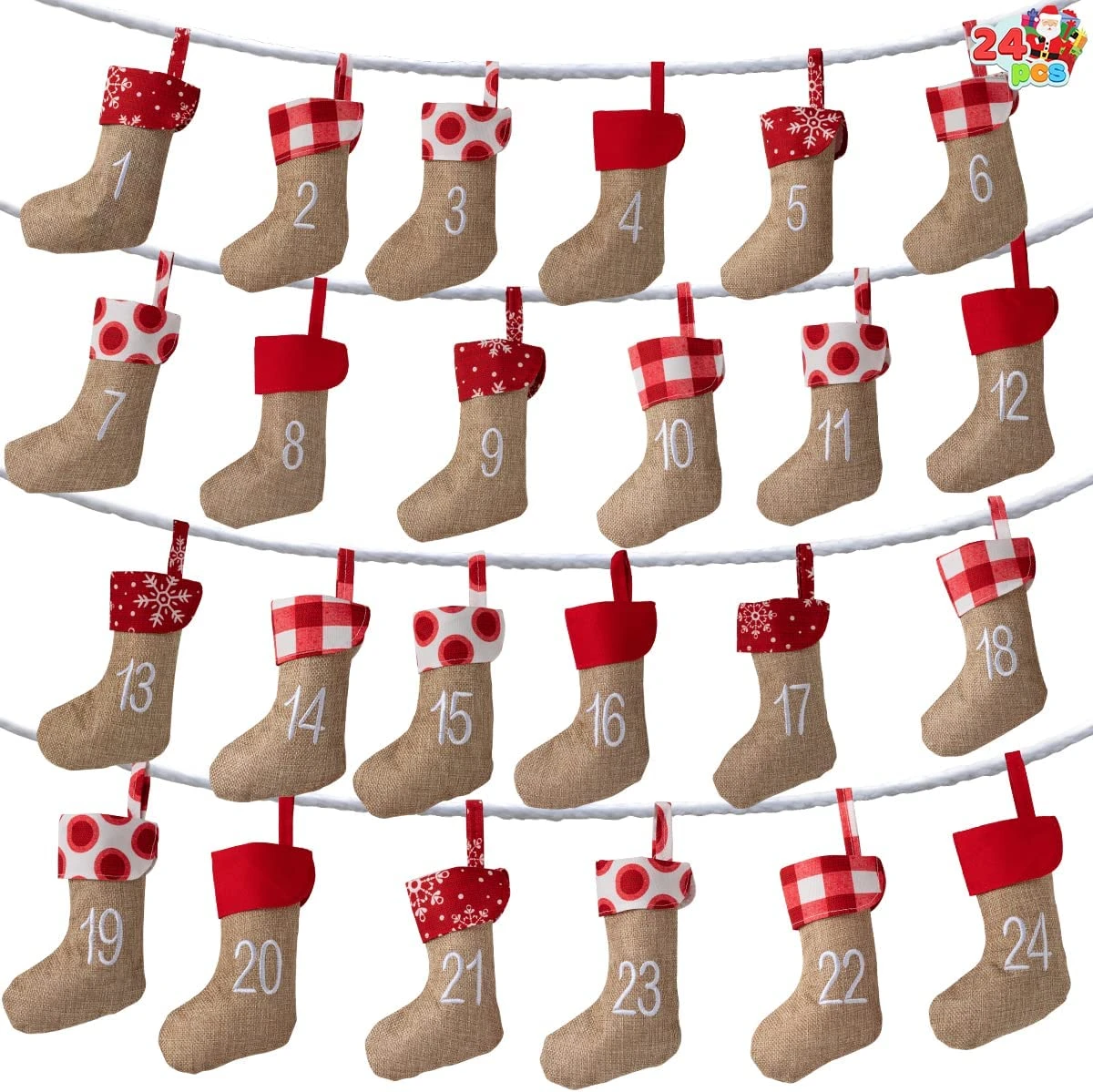 Advent Calendar Linen Christmas Stockings Socks Garland, 24 Pcs 3 Advent Calendar Linen Christmas Stockings Socks Garland, 24 Pcs
