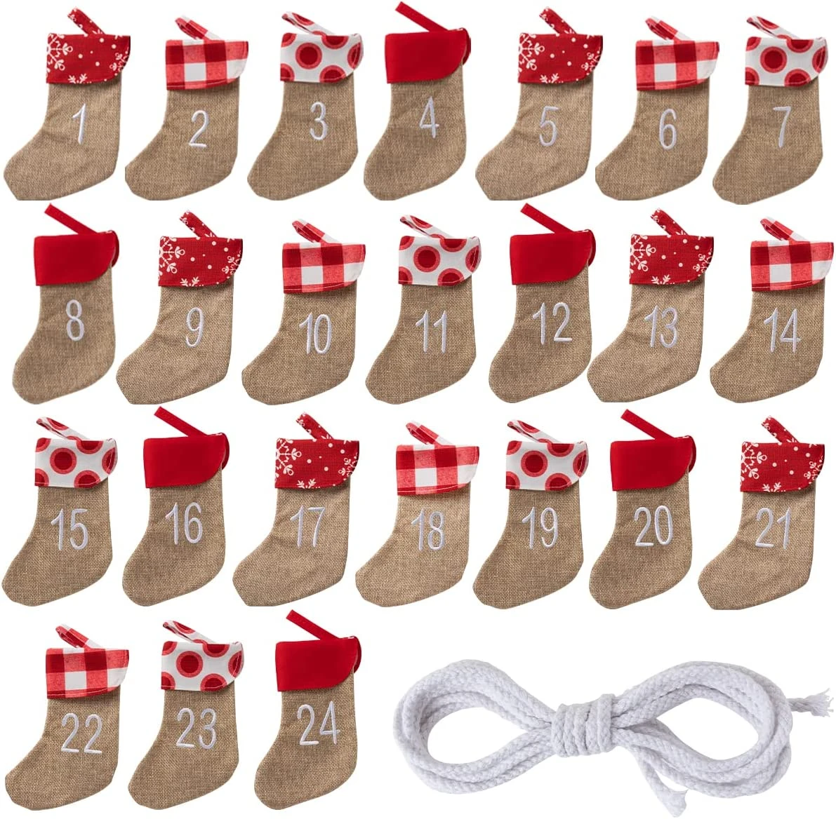 Advent Calendar Linen Christmas Stockings Socks Garland, 24 Pcs 4 Advent Calendar Linen Christmas Stockings Socks Garland, 24 Pcs - Image 2