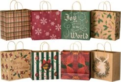 Large Pack Christmas Kraft Paper Bags With 8 Generic Vintage Drawstring, 24 Pcs
