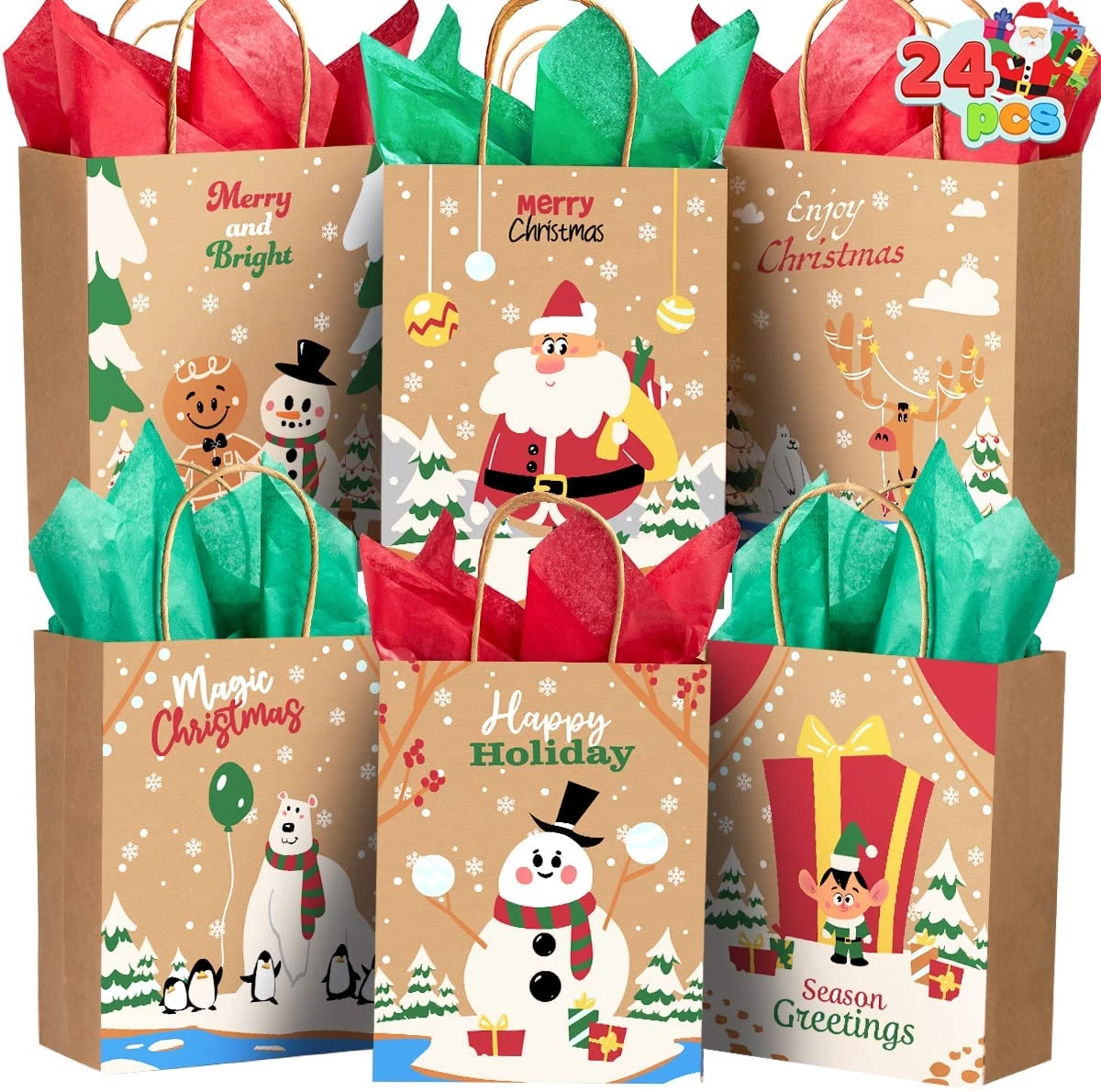 Christmas Kraft Paper Gift Bags With Twine Handles, 24 Pcs 4 Christmas Kraft Paper Gift Bags With Twine Handles, 24 Pcs - Image 2