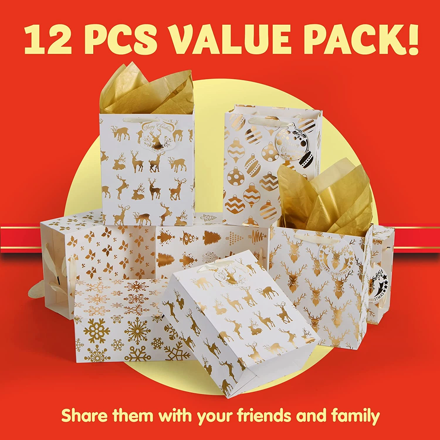 Christmas Holiday Foil Gold Gift Bags With Tissue Papers And Name Card Tags, 12 Pack 5 Christmas Holiday Foil Gold Gift Bags With Tissue Papers And Name Card Tags, 12 Pack - Image 3