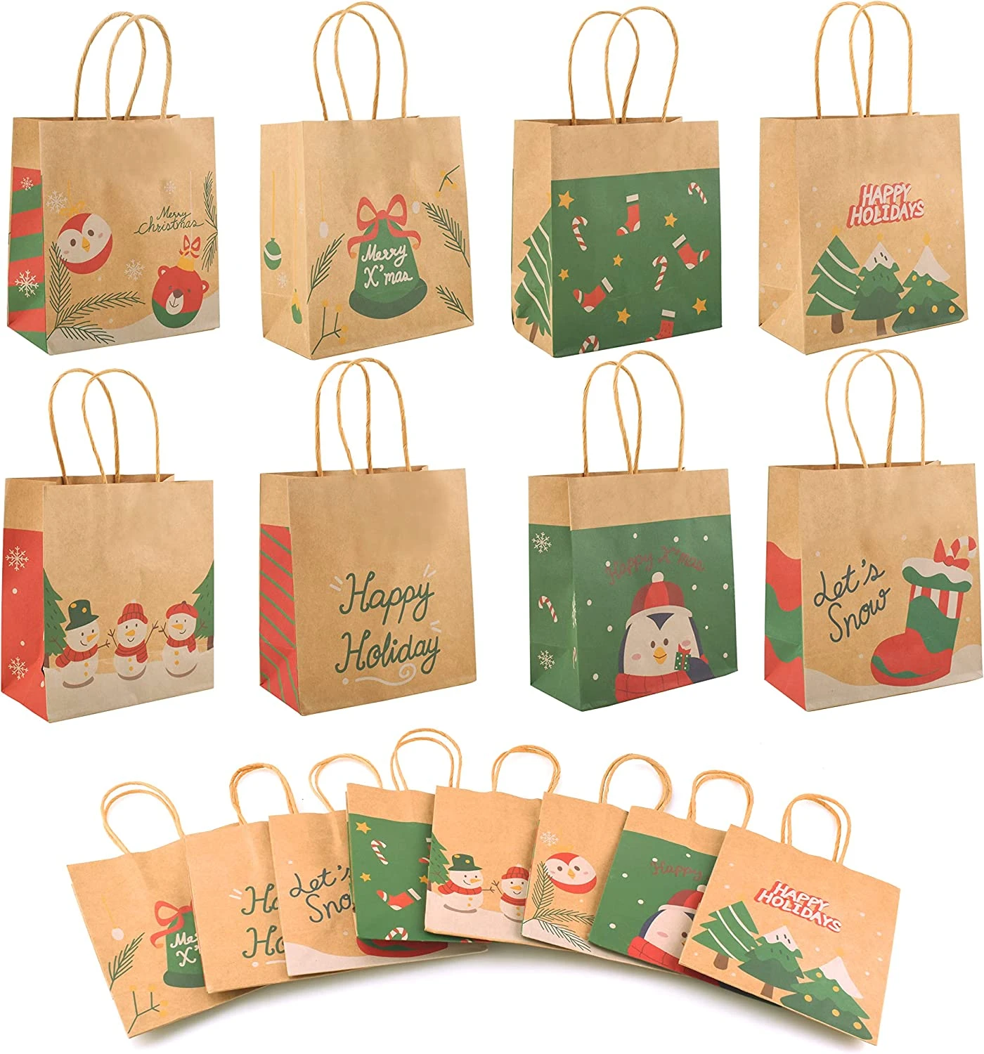 Small Kraft Paper Christmas Themed Bags With 10 Designs, 32 Pcs 3 Small Kraft Paper Christmas Themed Bags With 10 Designs, 32 Pcs