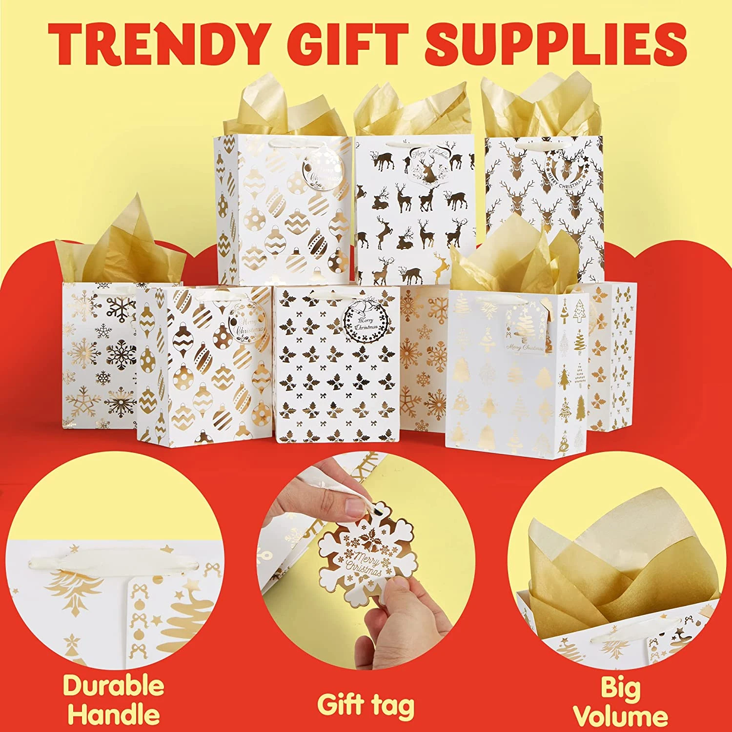 Christmas Holiday Foil Gold Gift Bags With Tissue Papers And Name Card Tags, 12 Pack 6 Christmas Holiday Foil Gold Gift Bags With Tissue Papers And Name Card Tags, 12 Pack - Image 4