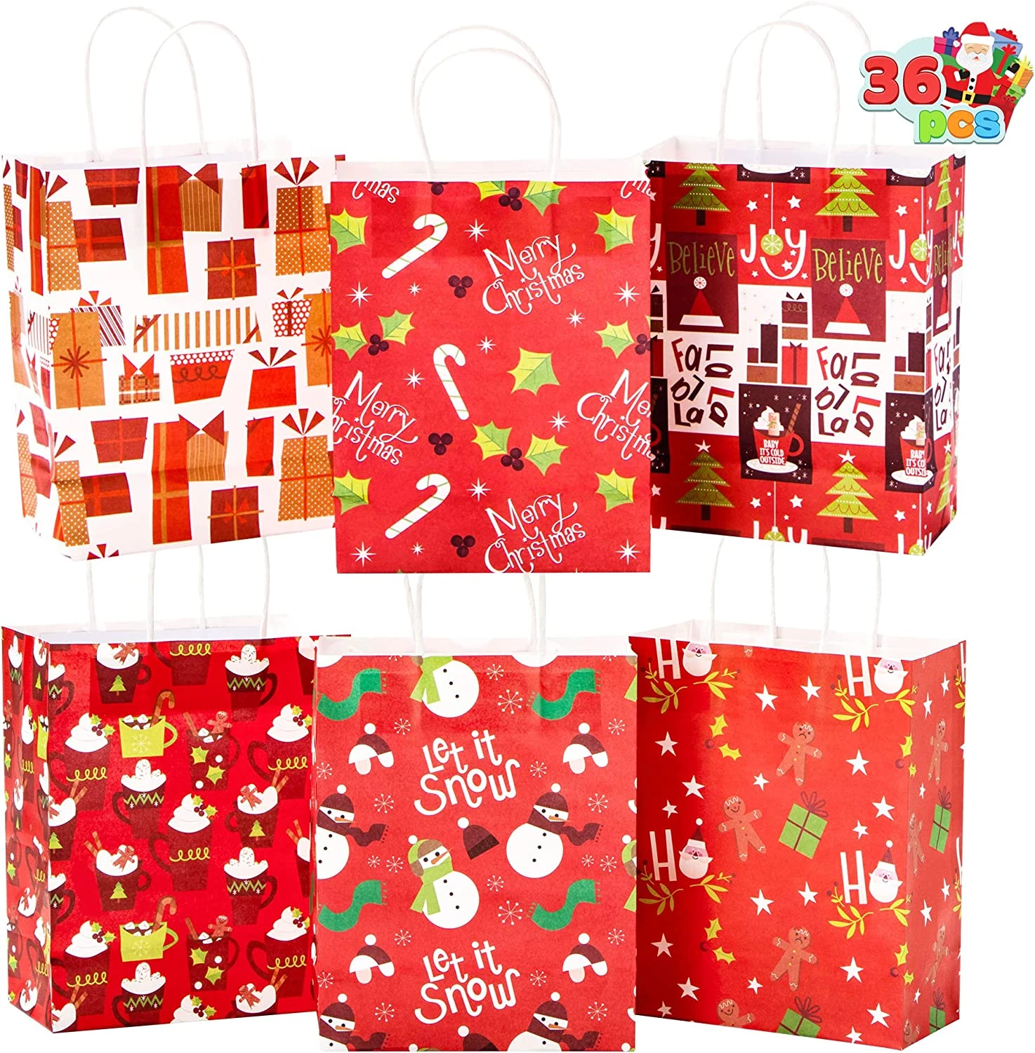 Christmas Red Themed Kraft Paper Gift Bags, 36 Pcs 4 Christmas Red Themed Kraft Paper Gift Bags, 36 Pcs - Image 2
