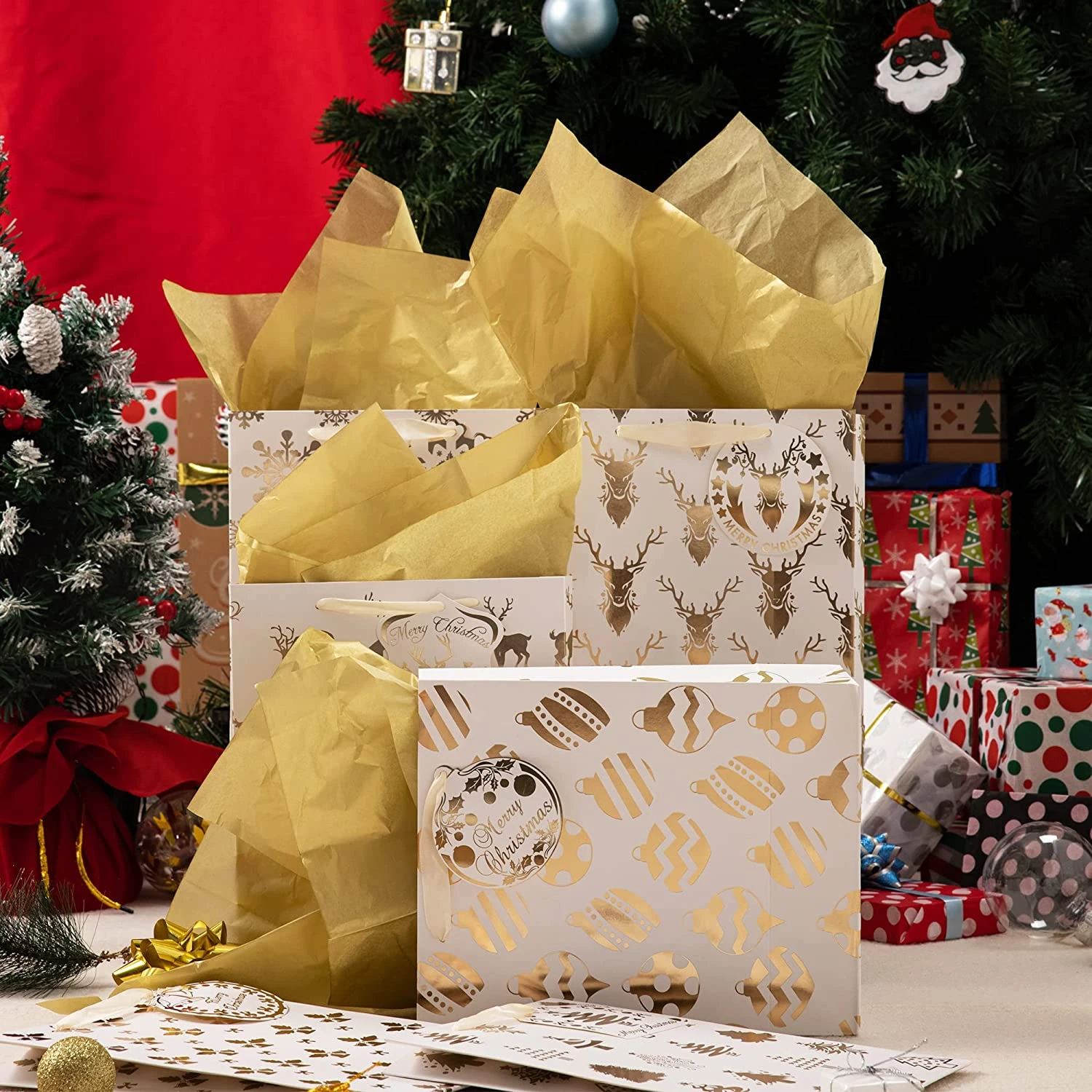 Christmas Holiday Foil Gold Gift Bags With Tissue Papers And Name Card Tags, 12 Pack 7 Christmas Holiday Foil Gold Gift Bags With Tissue Papers And Name Card Tags, 12 Pack - Image 5