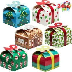 3d Christmas Goody Gift Boxes With Bow, 24 Pcs