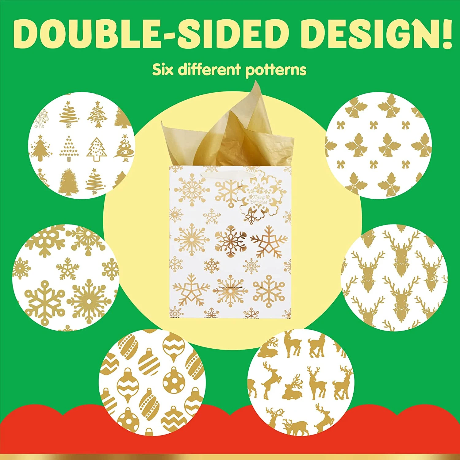 Christmas Holiday Foil Gold Gift Bags With Tissue Papers And Name Card Tags, 12 Pack 4 Christmas Holiday Foil Gold Gift Bags With Tissue Papers And Name Card Tags, 12 Pack - Image 2