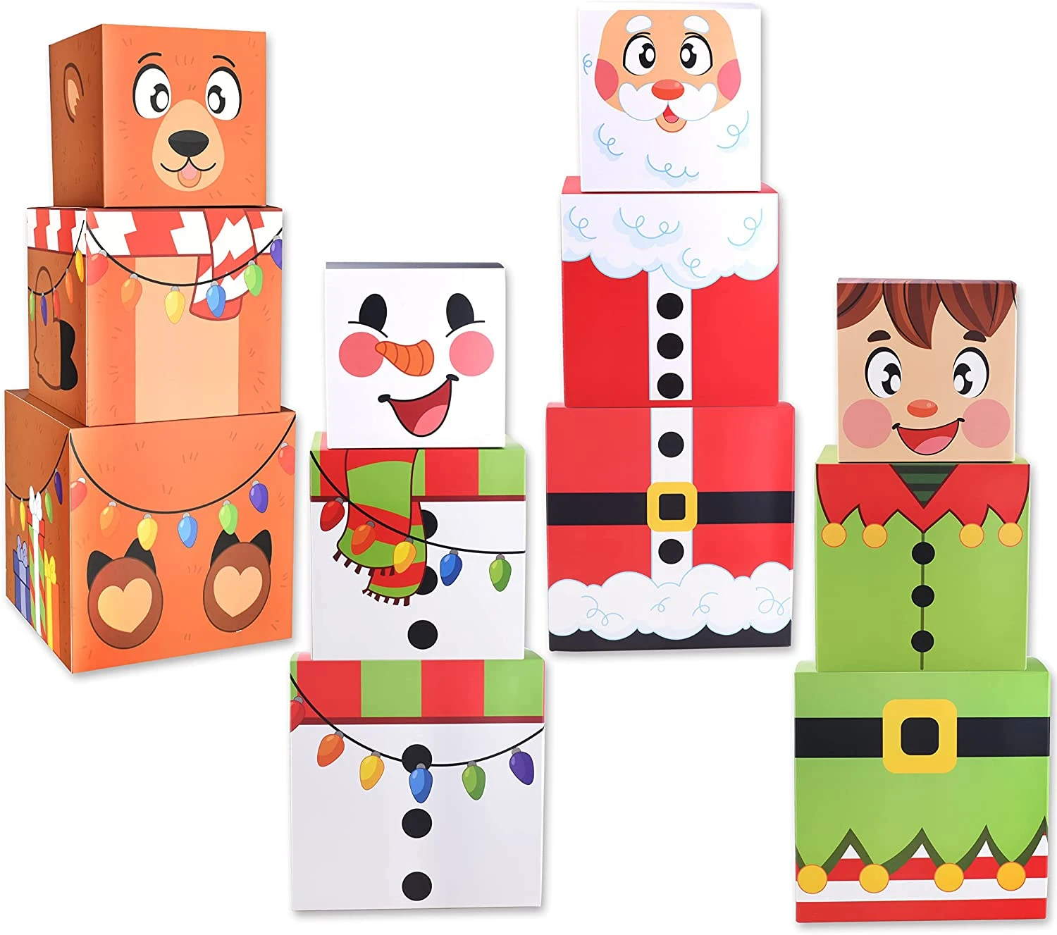 4 Christmas Characters Style Stacking Nesting Box Set, 12 Pcs 3 4 Christmas Characters Style Stacking Nesting Box Set, 12 Pcs