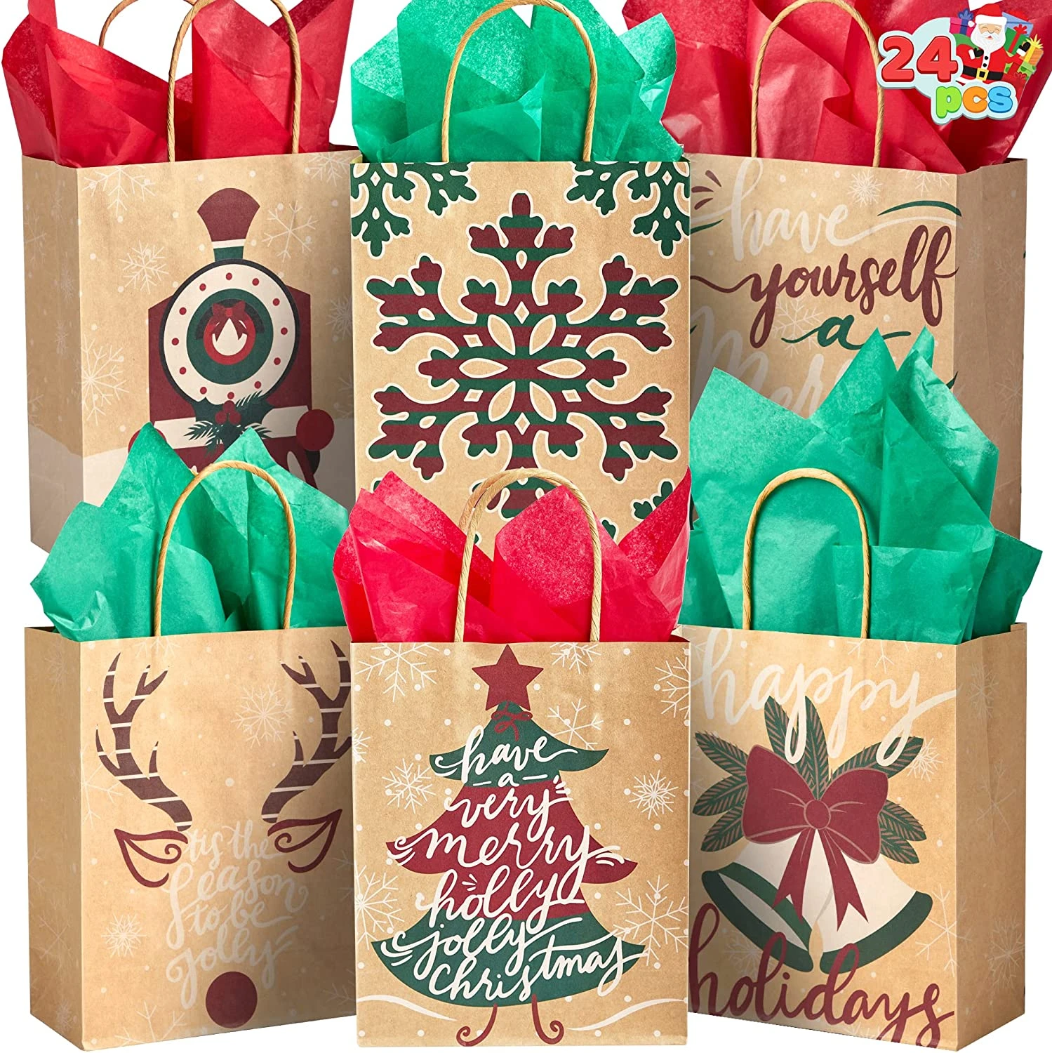 Christmas Kraft Paper Gift Bags With Large Characters 3 Christmas Kraft Paper Gift Bags With Large Characters