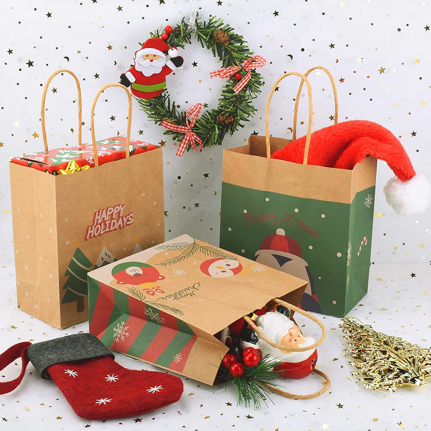 Small Kraft Paper Christmas Themed Bags With 10 Designs, 32 Pcs 5 Small Kraft Paper Christmas Themed Bags With 10 Designs, 32 Pcs - Image 3