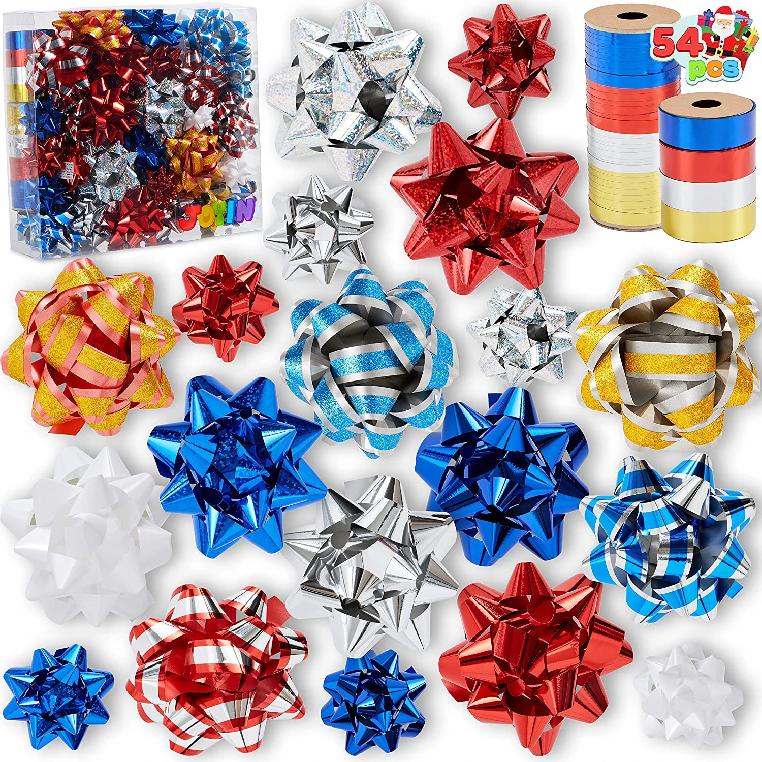 48Pcs Christmas Gift Bow Assortment, Red Silver Blue White 3 48Pcs Christmas Gift Bow Assortment, Red Silver Blue White