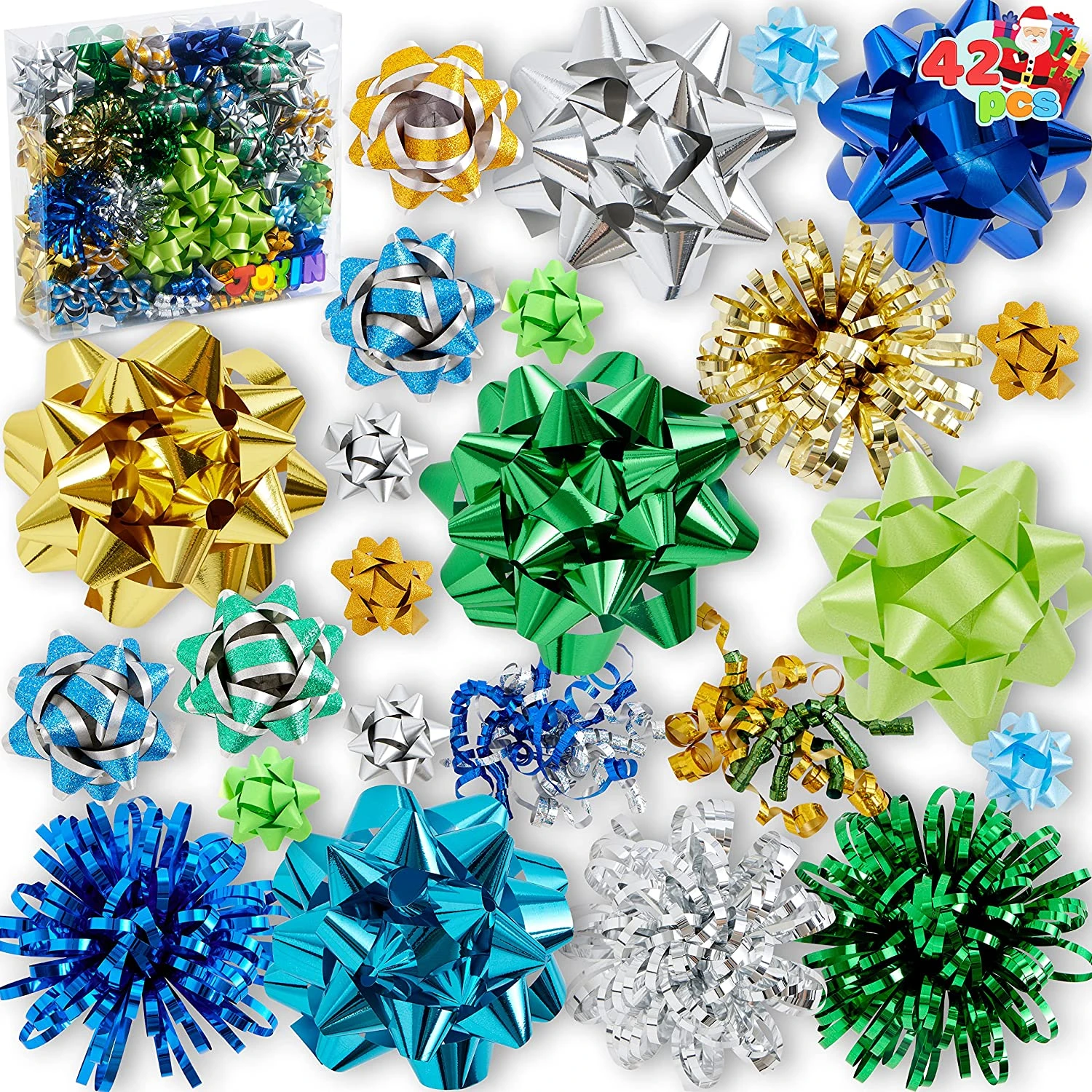 42Pcs Christmas Gift Bow Assortment, Gold Silver Green Teal And Babyblue 3 42Pcs Christmas Gift Bow Assortment, Gold Silver Green Teal And Babyblue