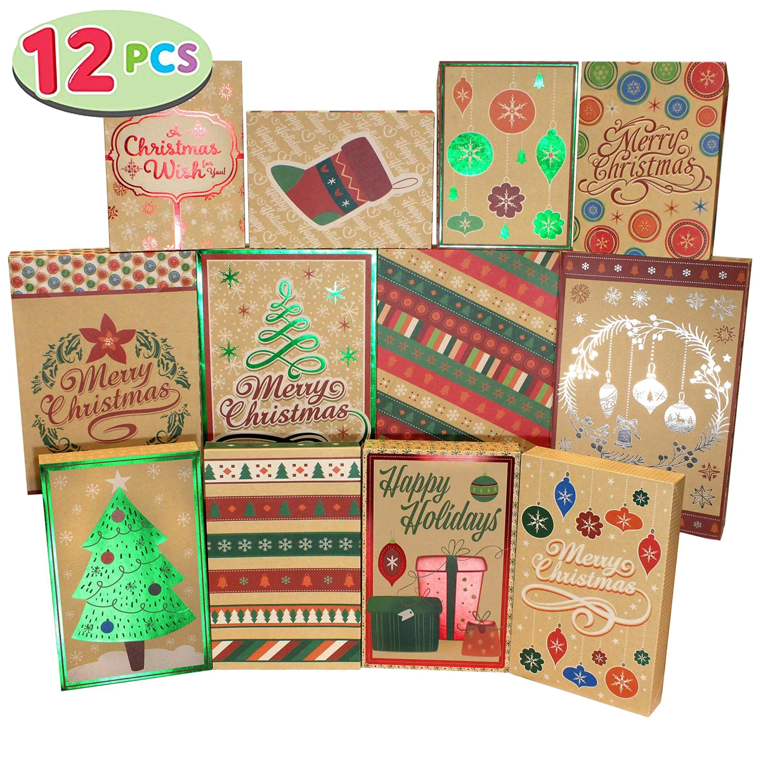 Christmas Foil Kraft Gift Boxes With 3 Sizes, 12 Pcs 4 Christmas Foil Kraft Gift Boxes With 3 Sizes, 12 Pcs - Image 2