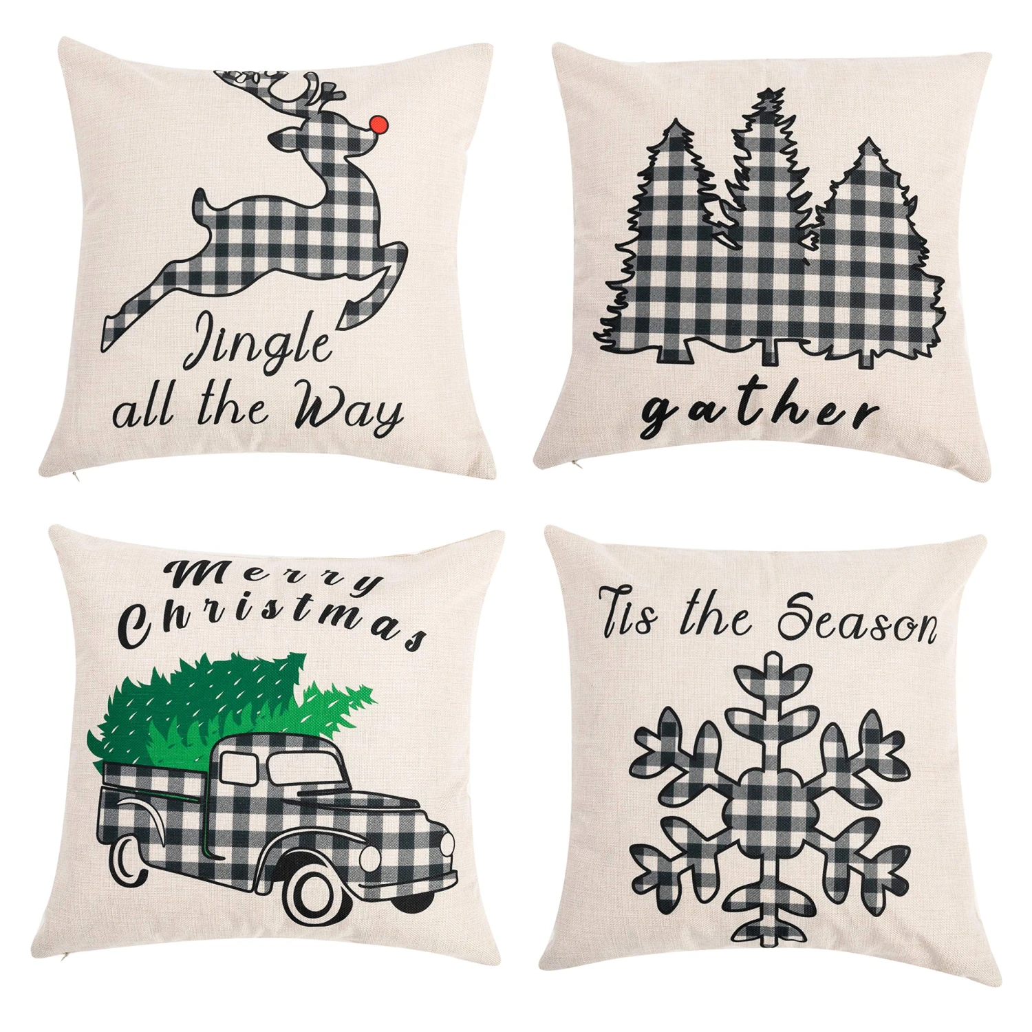 Christmas Plaid Pillow Cover, 4 Pcs 3 Christmas Plaid Pillow Cover, 4 Pcs