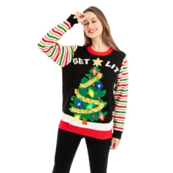 Get Lit Christmas Tree Ugly Sweater With Light Bulbs (Women)
