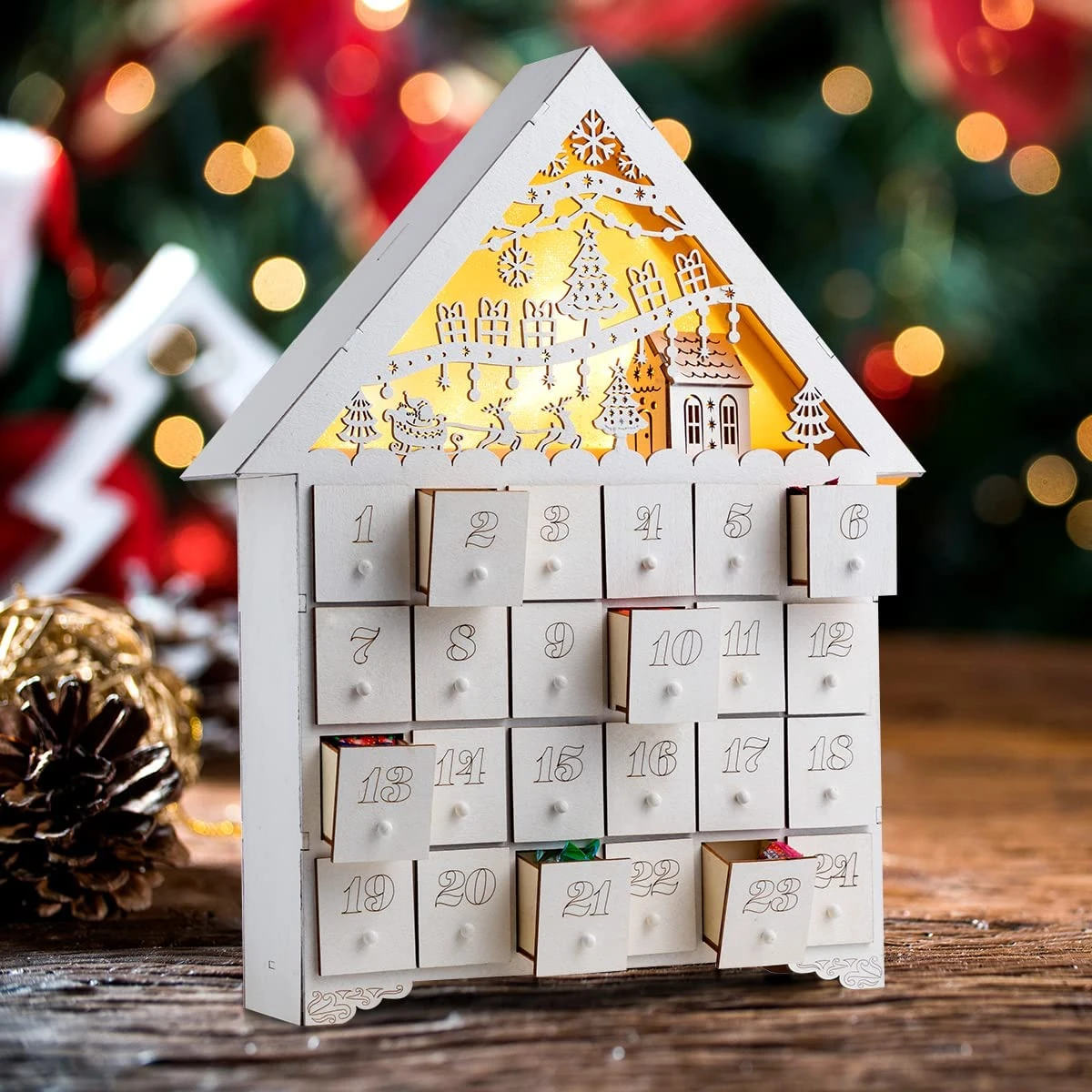 Christmas Pre-lit Wooden House Advent Calendar With Drawers 3 Christmas Pre-lit Wooden House Advent Calendar With Drawers