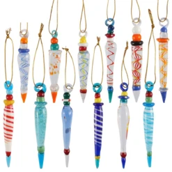 Set Of 12 Colorful Glass Icicle Ornaments For Christmas Tree Decorations With Different Designs