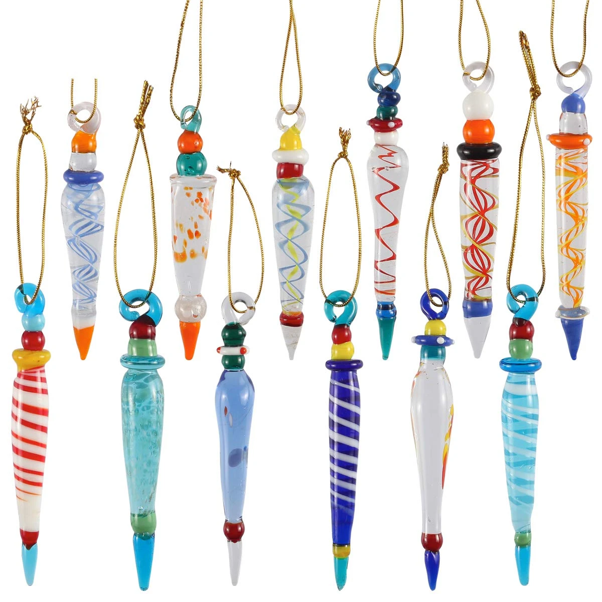 Set Of 12 Colorful Glass Icicle Ornaments For Christmas Tree Decorations With Different Designs 3 Set Of 12 Colorful Glass Icicle Ornaments For Christmas Tree Decorations With Different Designs