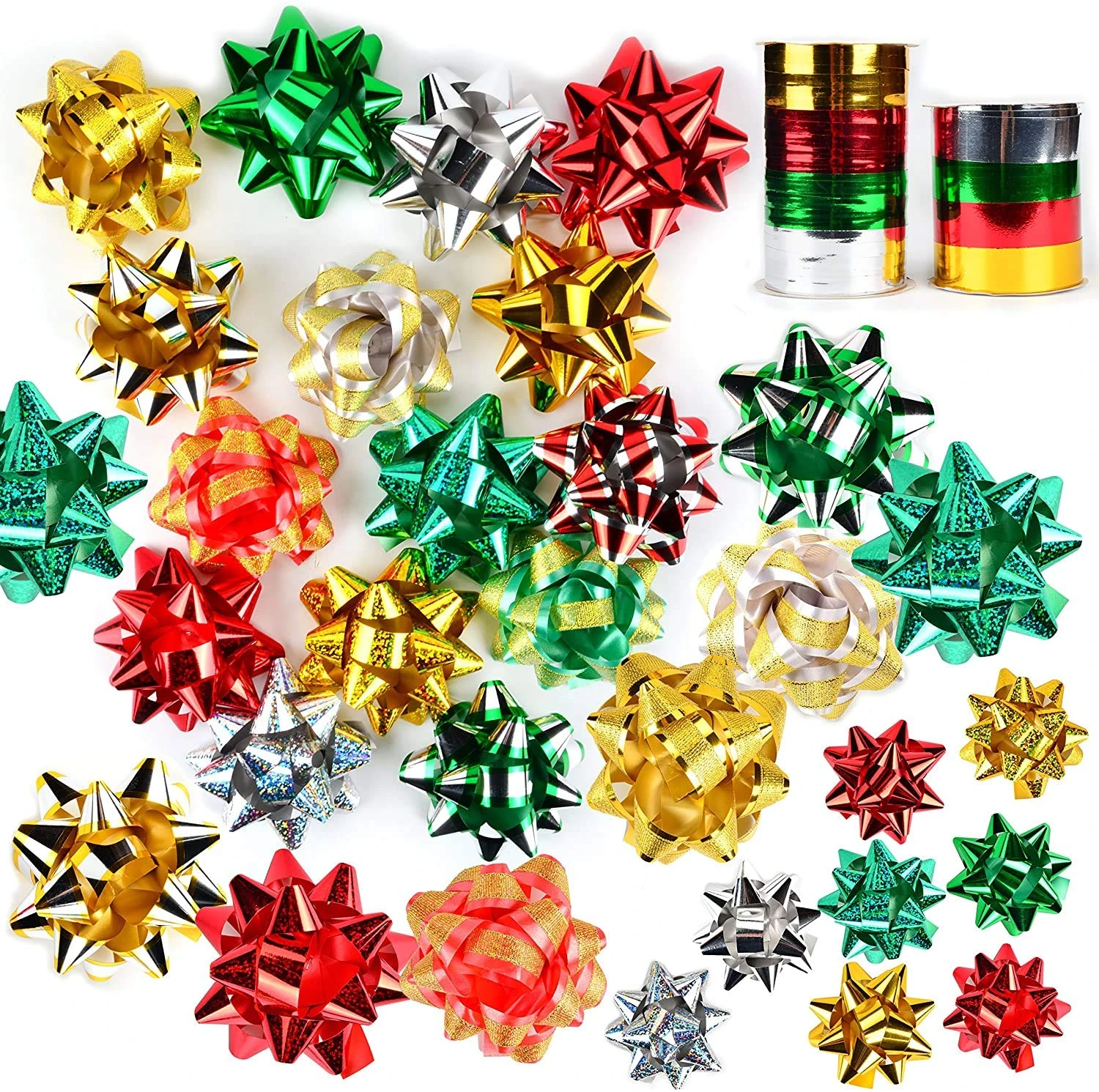 Self-adhesive Bows & 8 Rolls Of Christmas Curling Ribbons, 48 Pcs 4 Self-adhesive Bows & 8 Rolls Of Christmas Curling Ribbons, 48 Pcs - Image 2