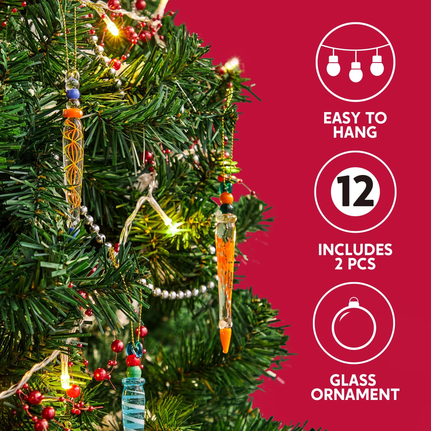 Set Of 12 Colorful Glass Icicle Ornaments For Christmas Tree Decorations With Different Designs 4 Set Of 12 Colorful Glass Icicle Ornaments For Christmas Tree Decorations With Different Designs - Image 2