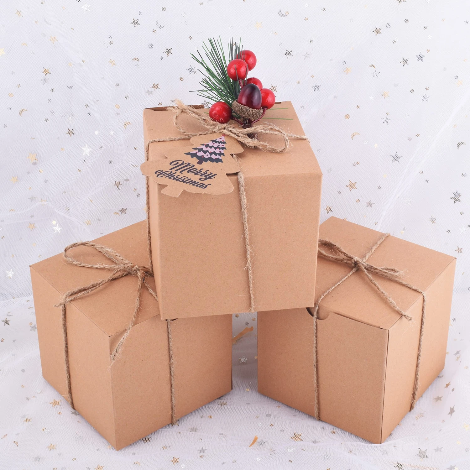 Brown Kraft Paper Gift Boxes With Lids And Grass Twines For Christmas, 50 Pcs 6 Brown Kraft Paper Gift Boxes With Lids And Grass Twines For Christmas, 50 Pcs - Image 4