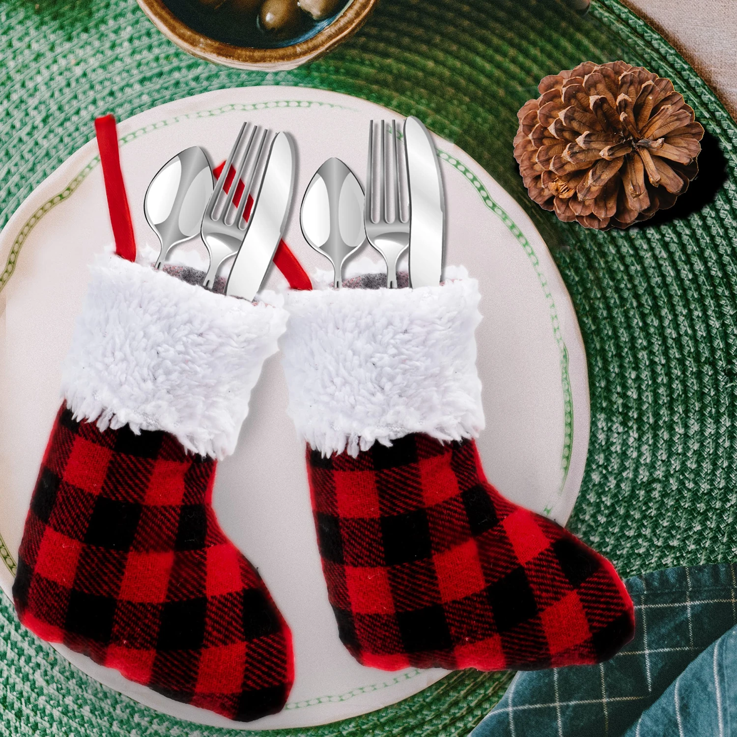 5in Red Black Buffalo Plaid Christmas Stockings, 12 Pack 6 5in Red Black Buffalo Plaid Christmas Stockings, 12 Pack - Image 4