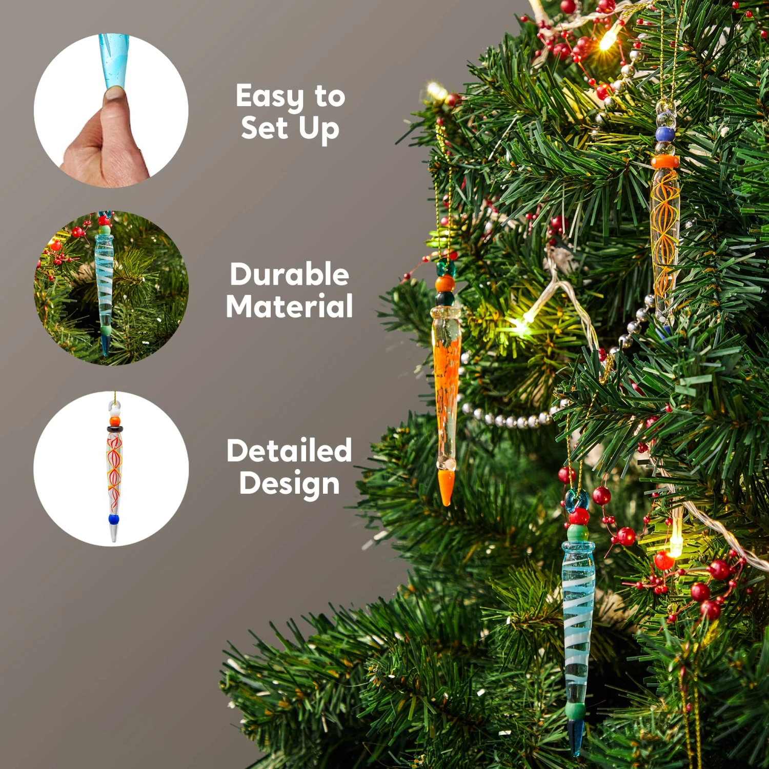 Set Of 12 Colorful Glass Icicle Ornaments For Christmas Tree Decorations With Different Designs 6 Set Of 12 Colorful Glass Icicle Ornaments For Christmas Tree Decorations With Different Designs - Image 4