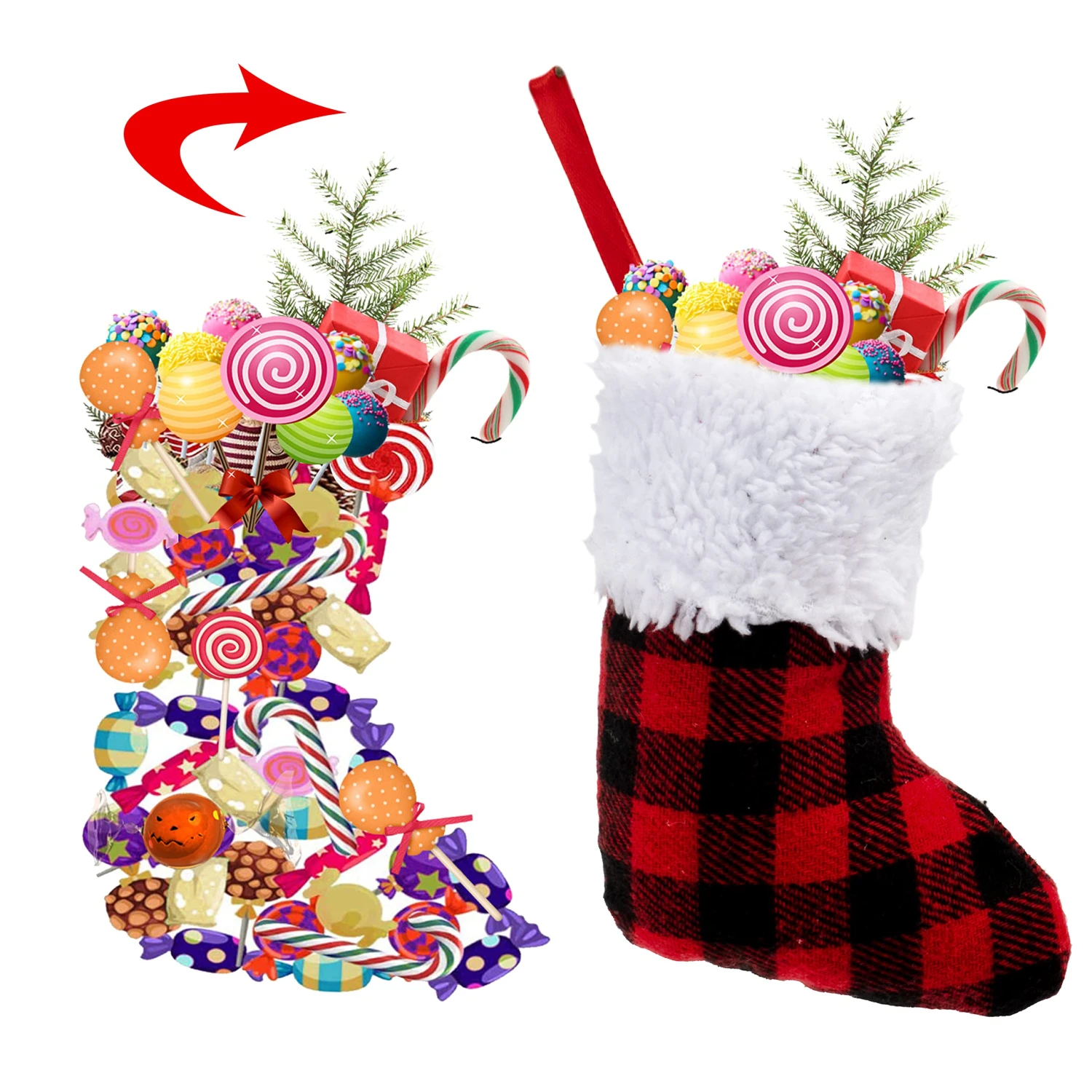 5in Red Black Buffalo Plaid Christmas Stockings, 12 Pack 7 5in Red Black Buffalo Plaid Christmas Stockings, 12 Pack - Image 5