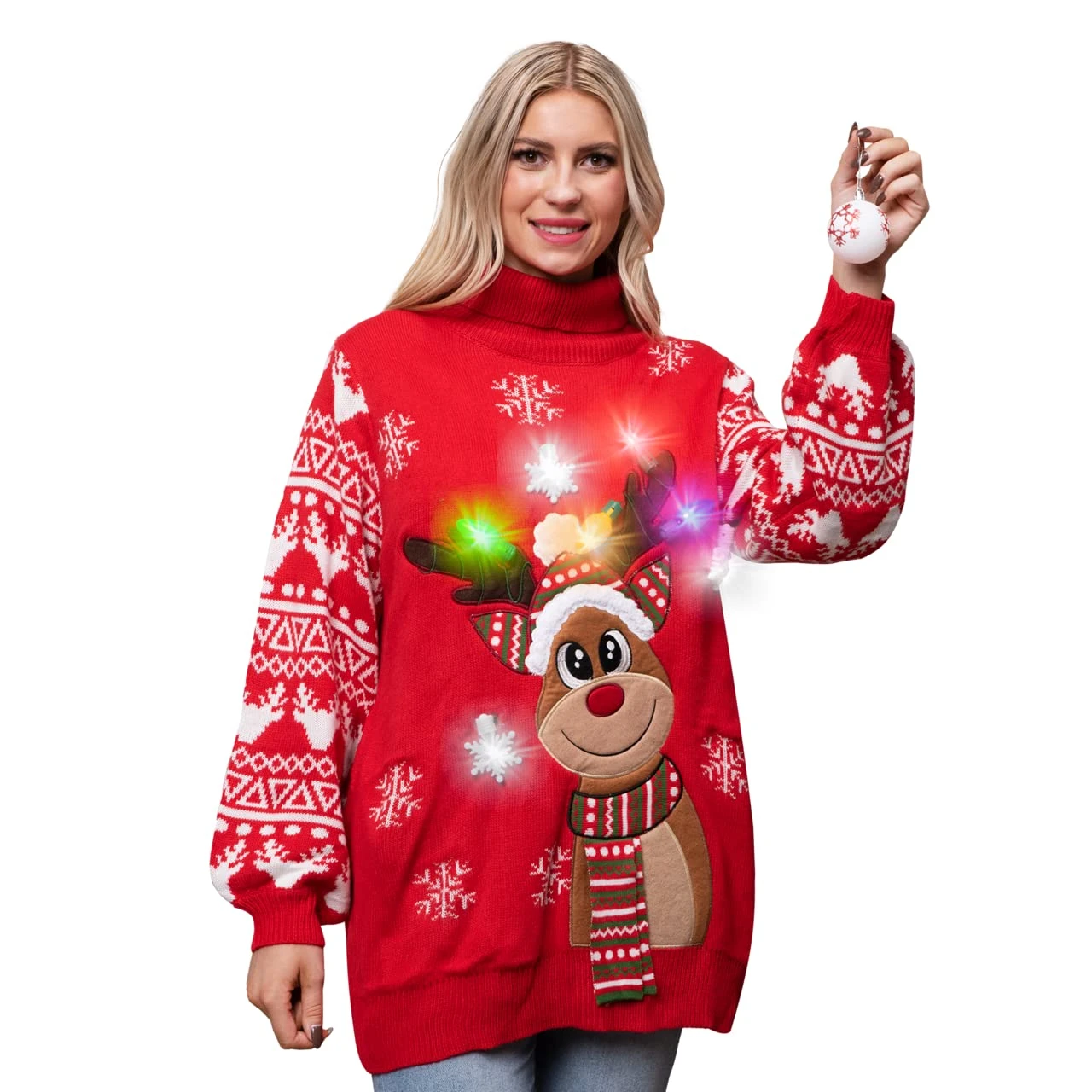 Adult Christmas Reindeer Long Ugly Sweater With Light Bulbs 7 Adult Christmas Reindeer Long Ugly Sweater With Light Bulbs - Image 5