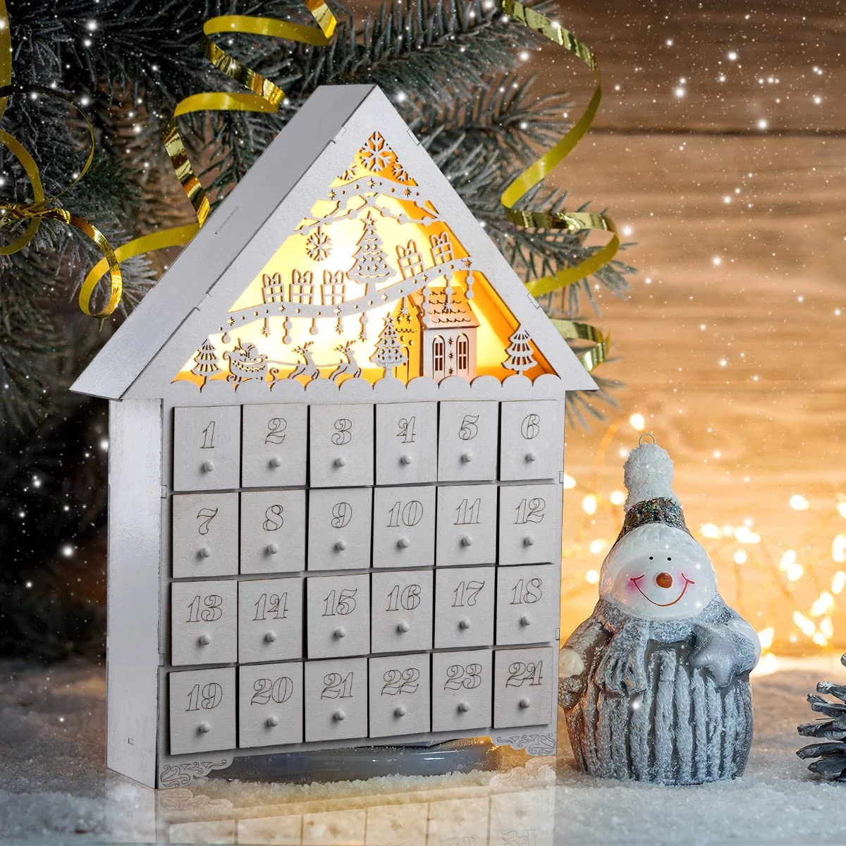 Christmas Pre-lit Wooden House Advent Calendar With Drawers 7 Christmas Pre-lit Wooden House Advent Calendar With Drawers - Image 5