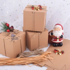 Brown Kraft Paper Gift Boxes With Lids And Grass Twines For Christmas, 50 Pcs
