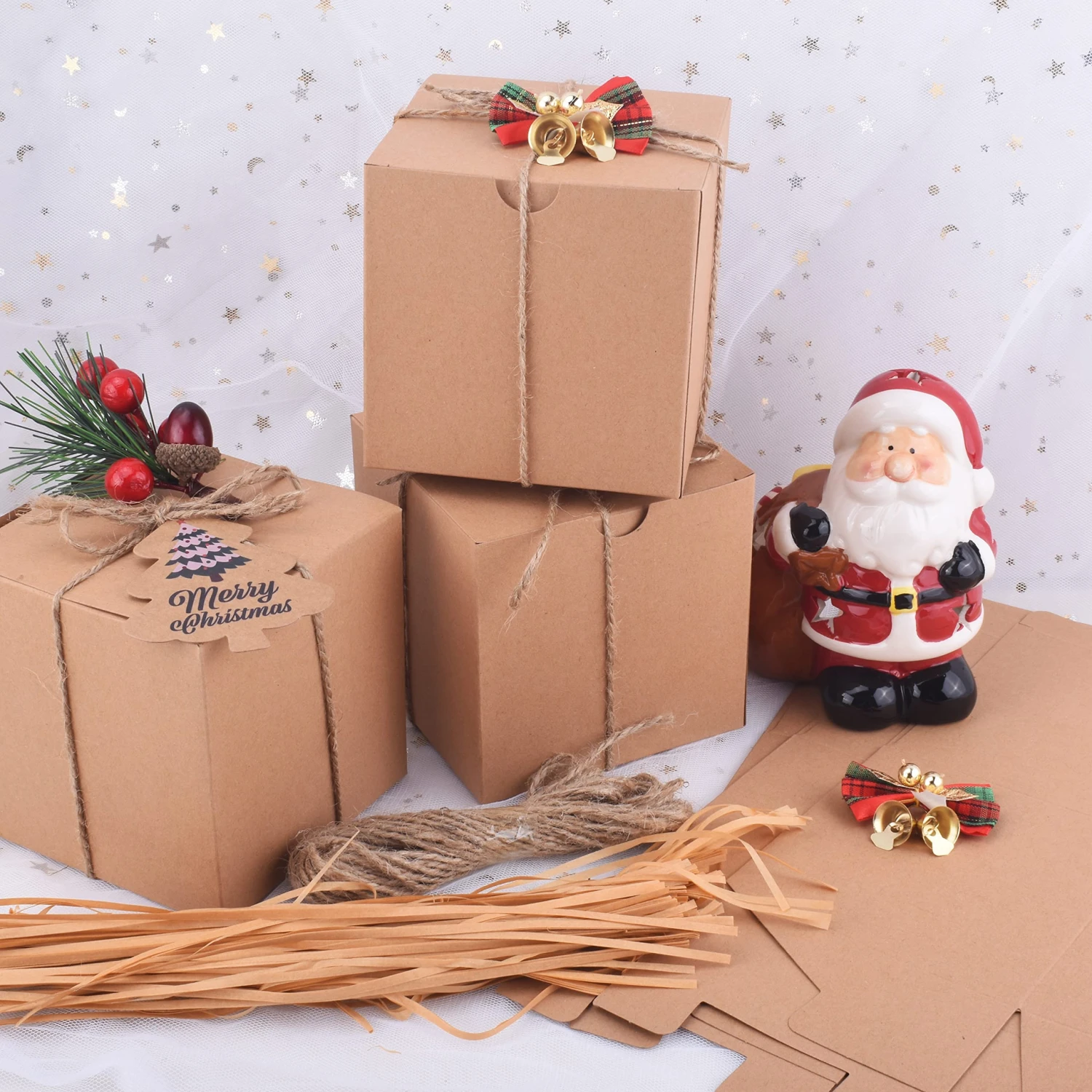 Brown Kraft Paper Gift Boxes With Lids And Grass Twines For Christmas, 50 Pcs 3 Brown Kraft Paper Gift Boxes With Lids And Grass Twines For Christmas, 50 Pcs