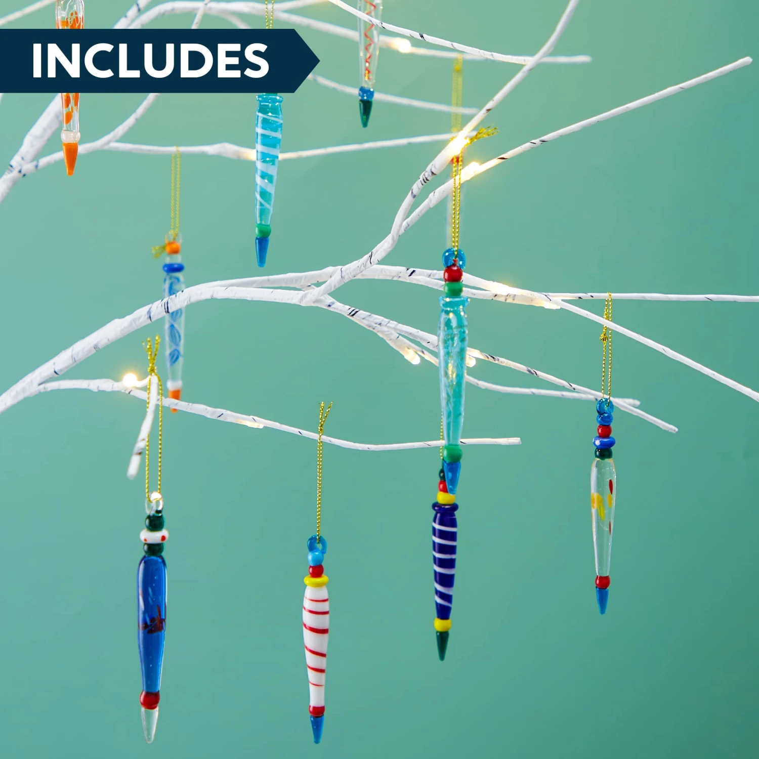 Set Of 12 Colorful Glass Icicle Ornaments For Christmas Tree Decorations With Different Designs 8 Set Of 12 Colorful Glass Icicle Ornaments For Christmas Tree Decorations With Different Designs - Image 6