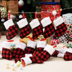 18 Pcs Christmas Stocking 5in Red Black Buffalo Plaid