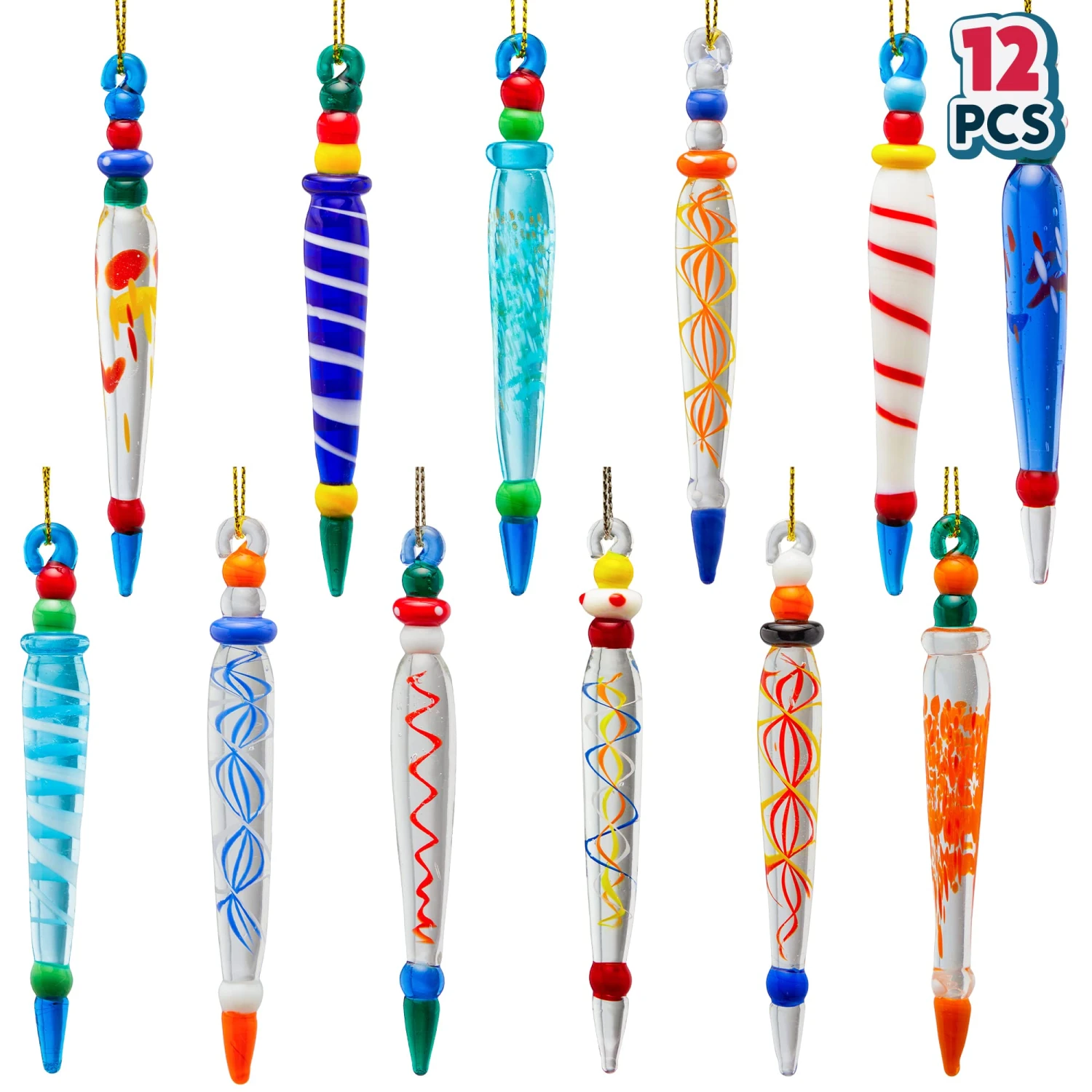 Set Of 12 Colorful Glass Icicle Ornaments For Christmas Tree Decorations With Different Designs 10 Set Of 12 Colorful Glass Icicle Ornaments For Christmas Tree Decorations With Different Designs - Image 8
